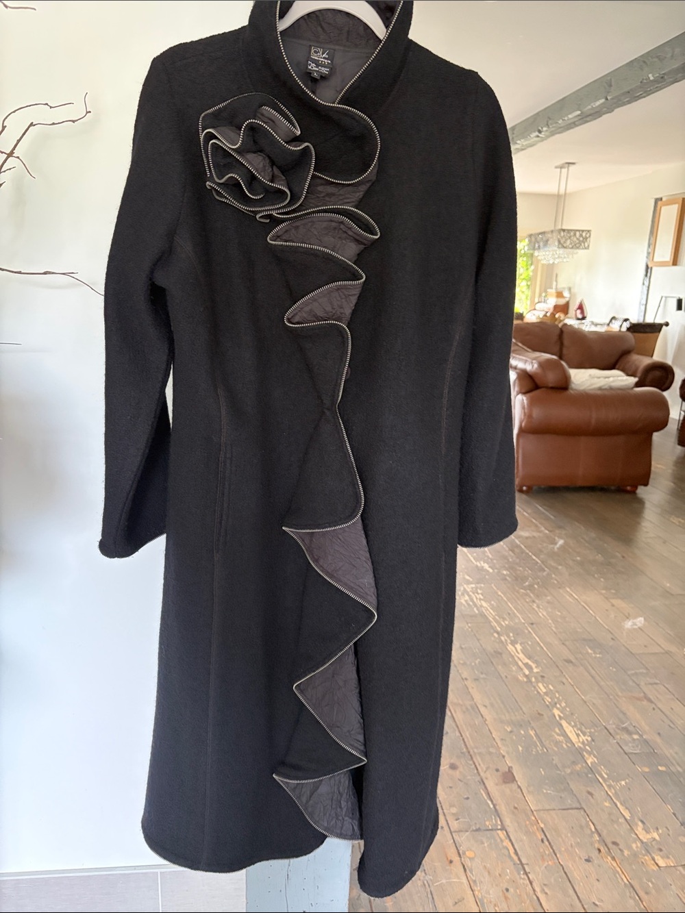 Coveto Black Long-Sleeve Ruffle-Front Coat Dress